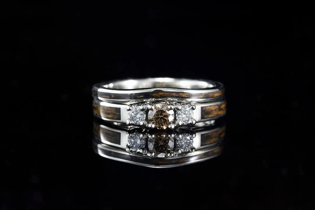 FORMED 14K WHITE GOLD WHISKEY BARREL WOOD RING