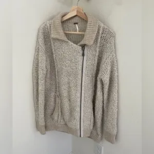 Free People Oversized Fuzzy Zip Front Sweater Cardigan ivory wool blend size XS