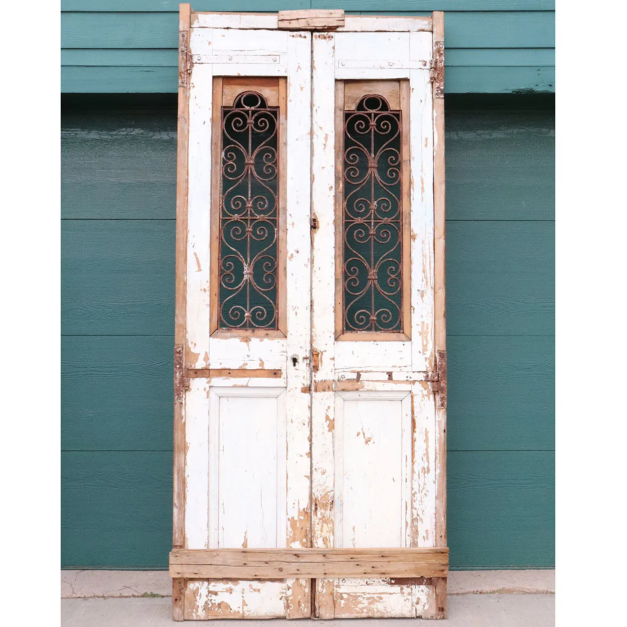 French Colonial Painted Pine and Wrought Iron Double Door