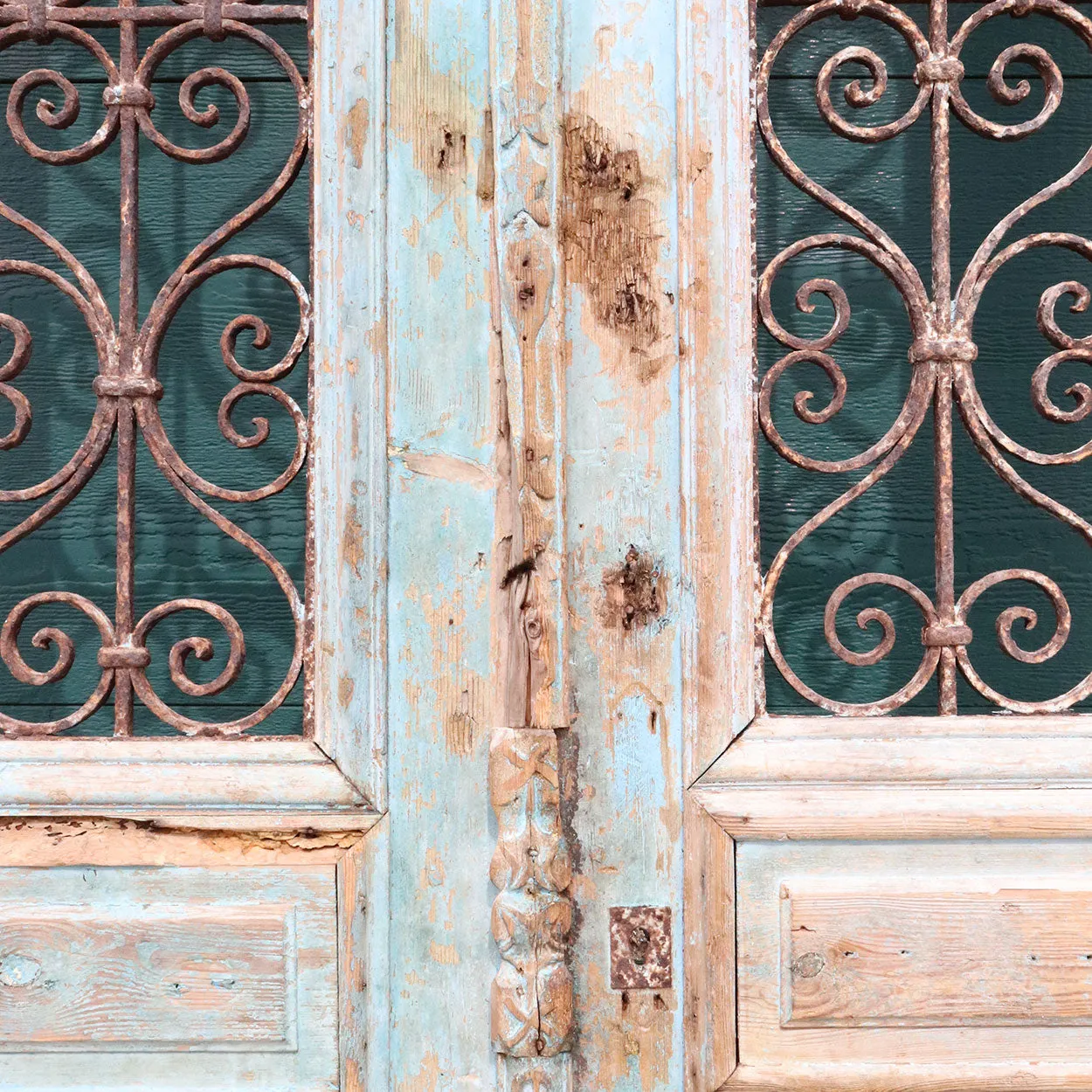 French Colonial Painted Pine and Wrought Iron Double Door