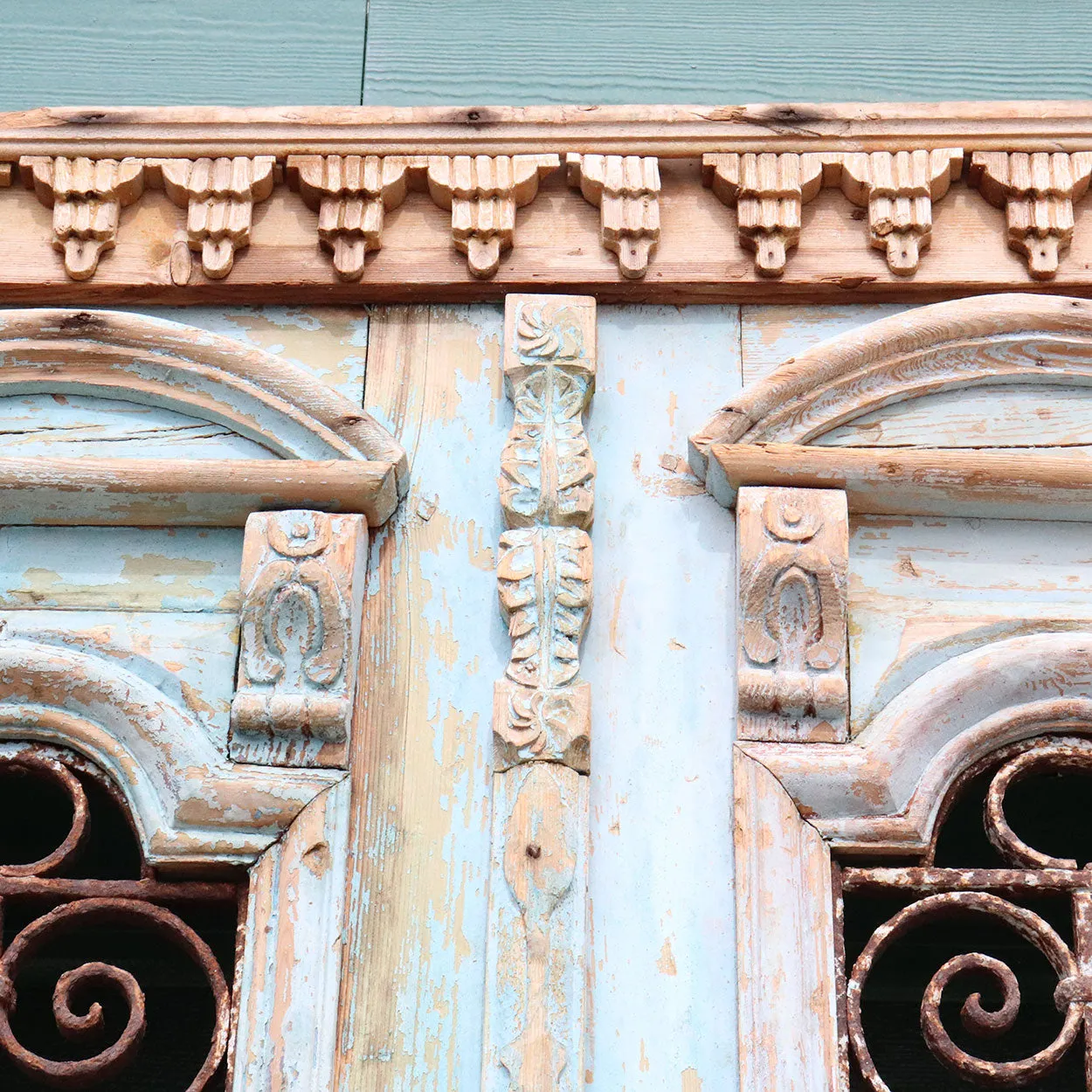 French Colonial Painted Pine and Wrought Iron Double Door