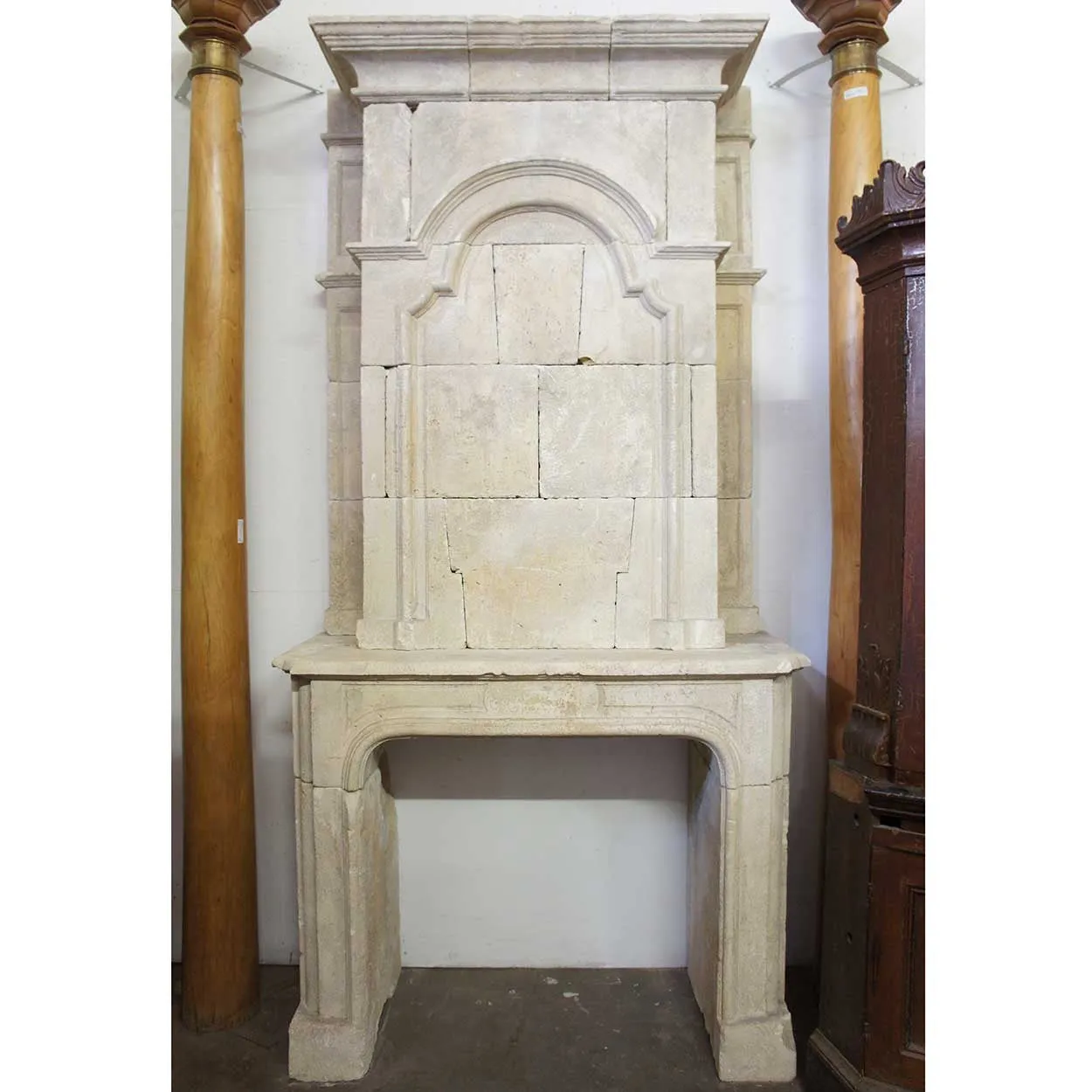 French Louis XIV Limestone Fireplace Surround and Overmantel