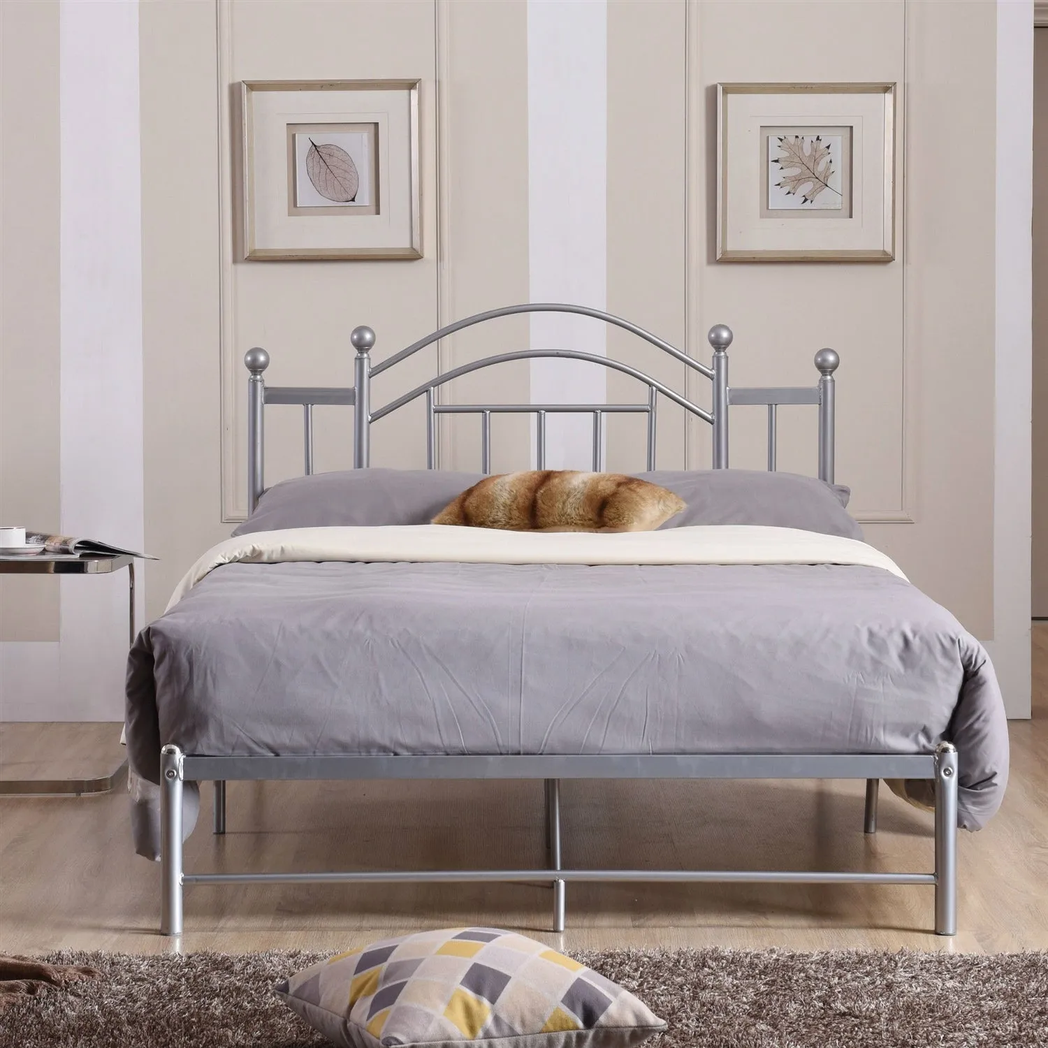Full size Silver Metal Platform Bed Frame with Arched Headboard