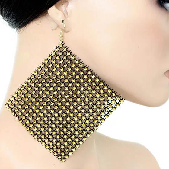 Gold Black Flat Rhinestone Mesh Earrings