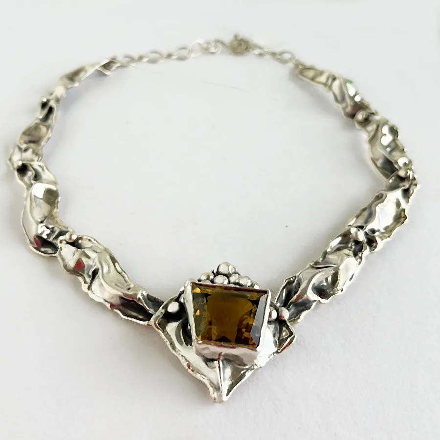 Green Citrine set in Hand Fabricated Sterling Silver Crinkle Necklace