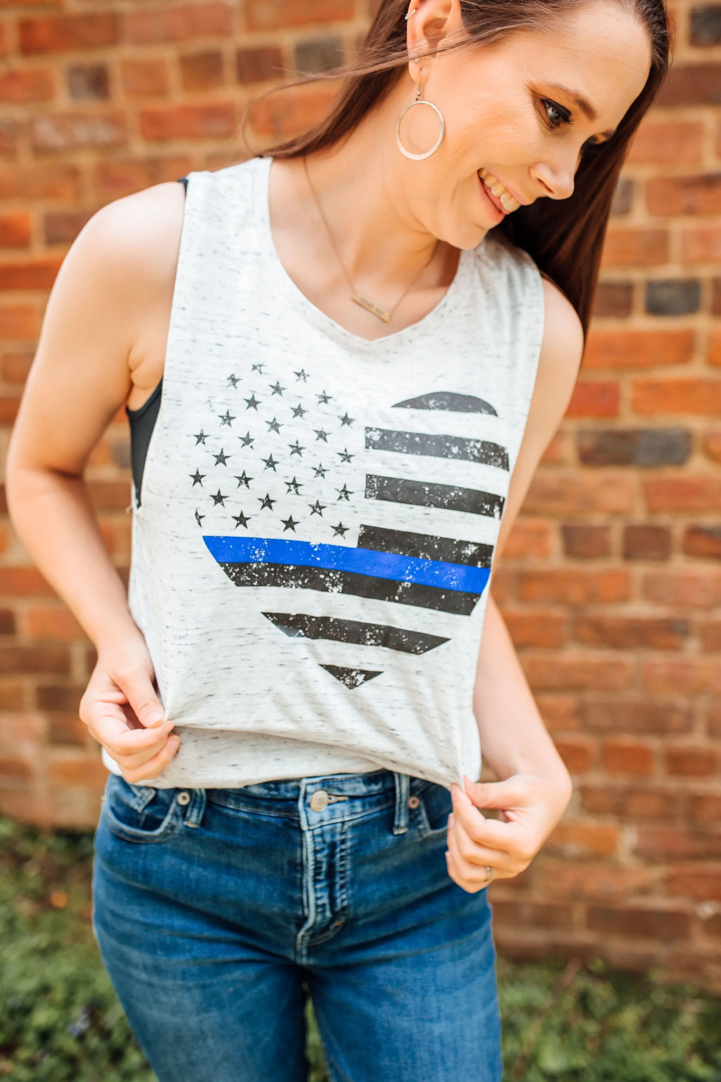 Grunge Heart Flag © (Thin Blue Line) Ladies Flowy Muscle Tank