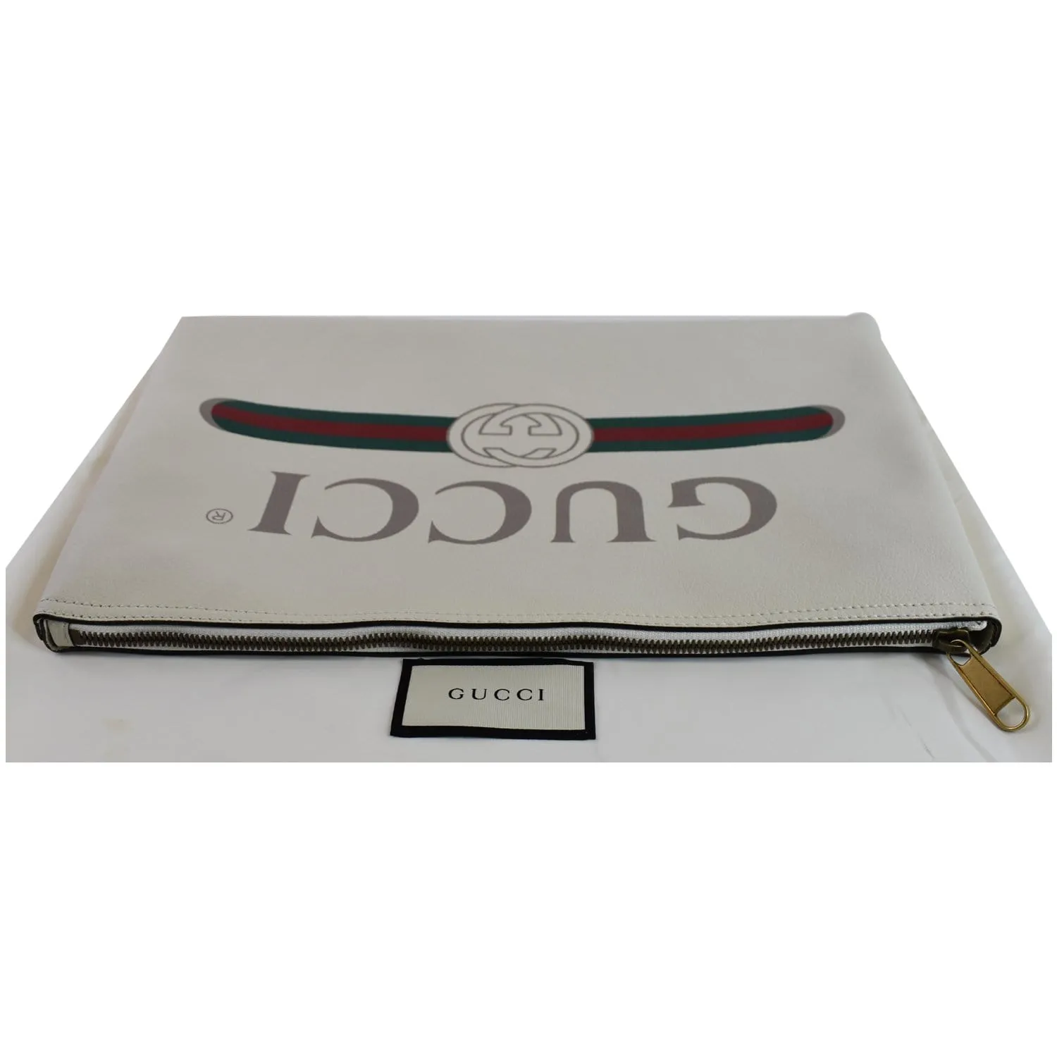 GUCCI Pebbled Leather Medium Logo Portfolio Clutch White 500984 - Last Call