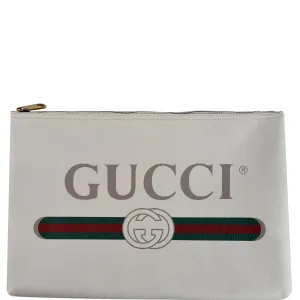 GUCCI Pebbled Leather Medium Logo Portfolio Clutch White 500984 - Last Call
