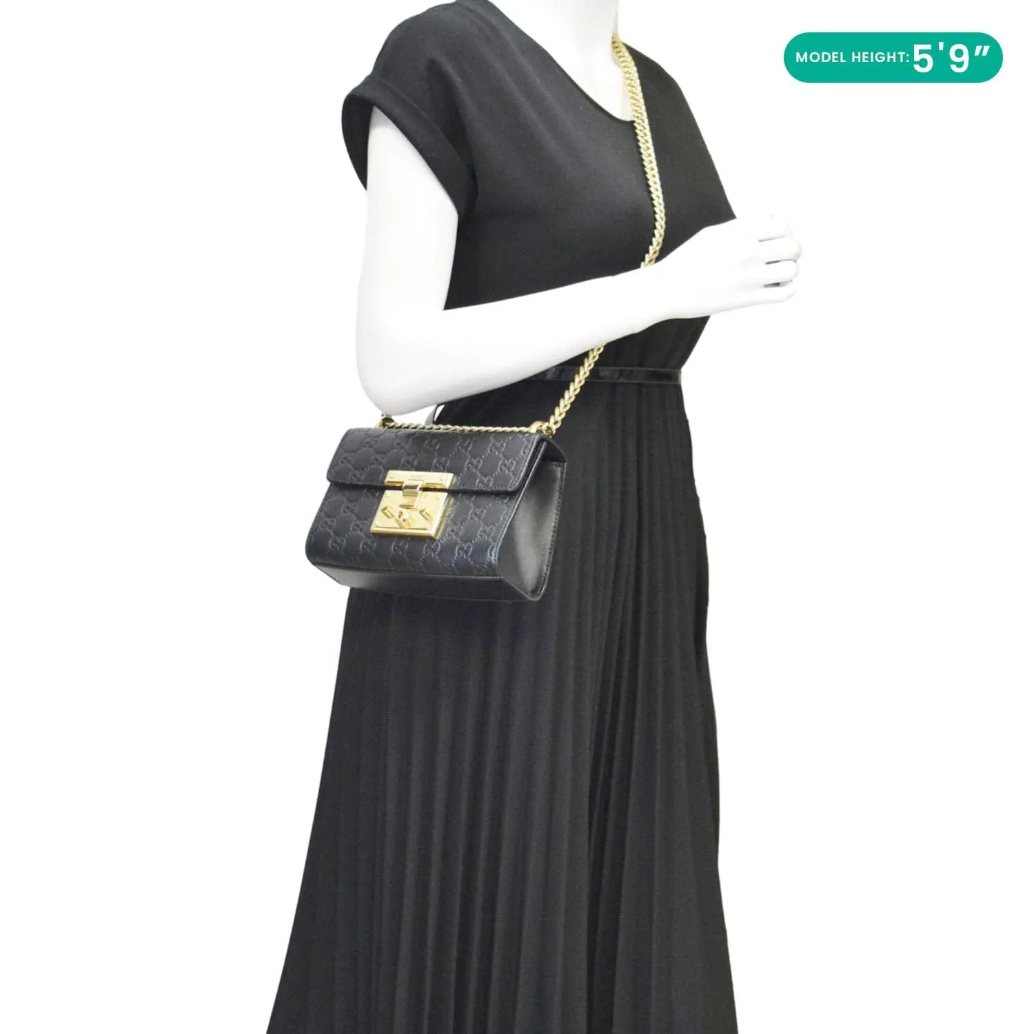 GUCCI Signature Padlock Leather Top Handle Shoulder Bag Black 409487