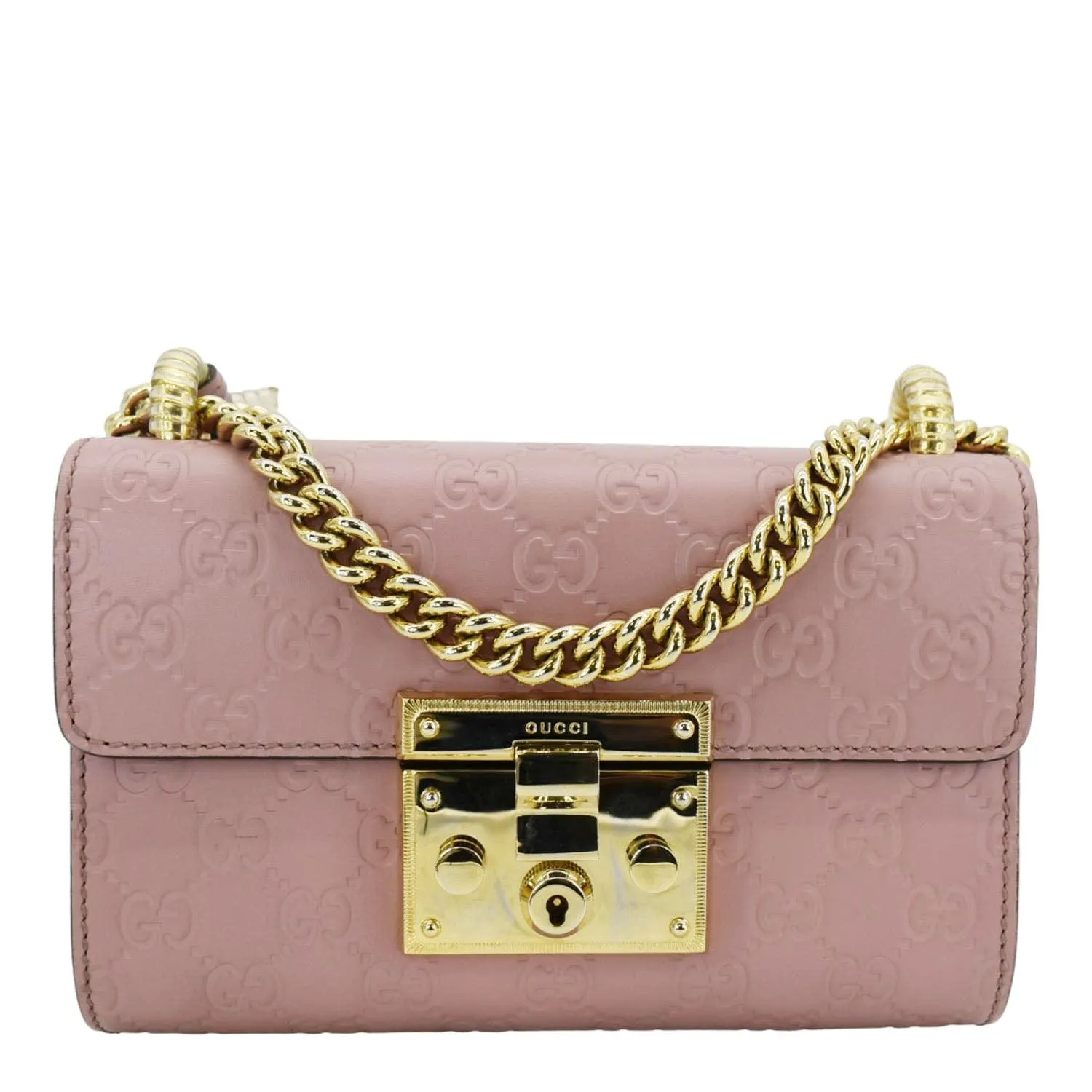 GUCCI Signature Padlock Leather Top Handle Shoulder Bag Pink 409487