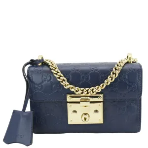 GUCCI Signature Padlock Small Leather Top Handle Shoulder Bag Blue 409487