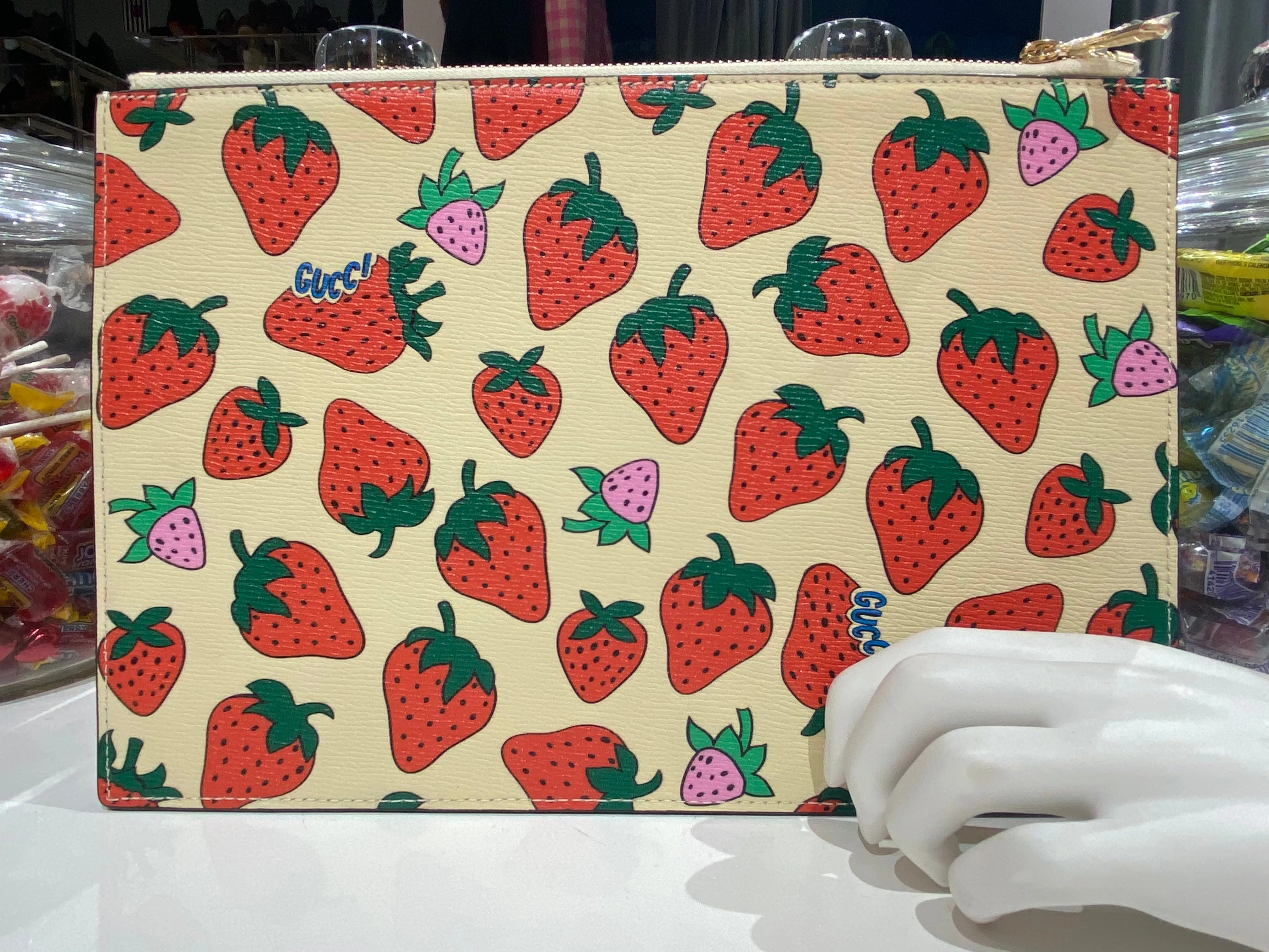 Gucci Strawberry Print top Zip Clutch with Gold and Silver G