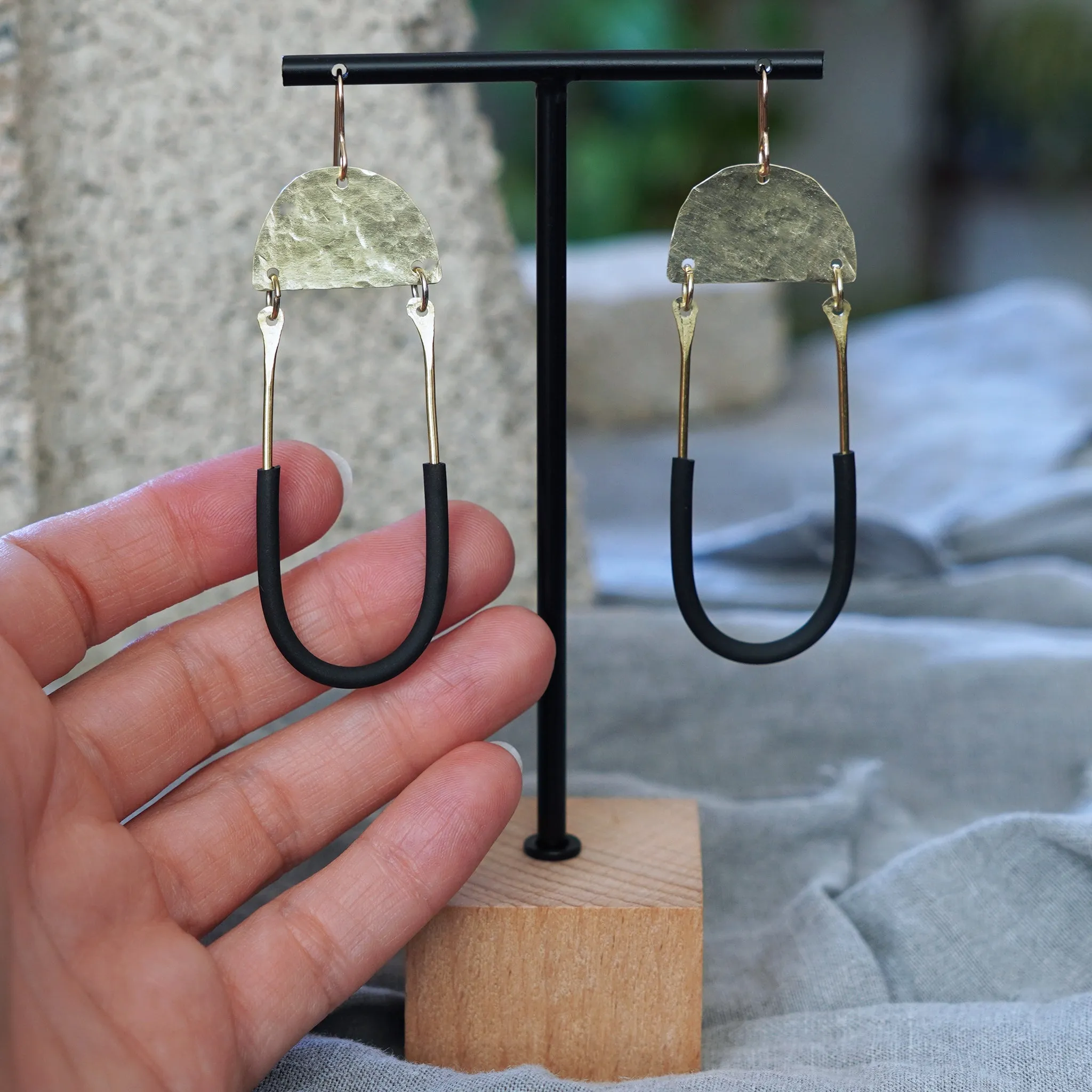 Hammered Brass and Black U Earrings