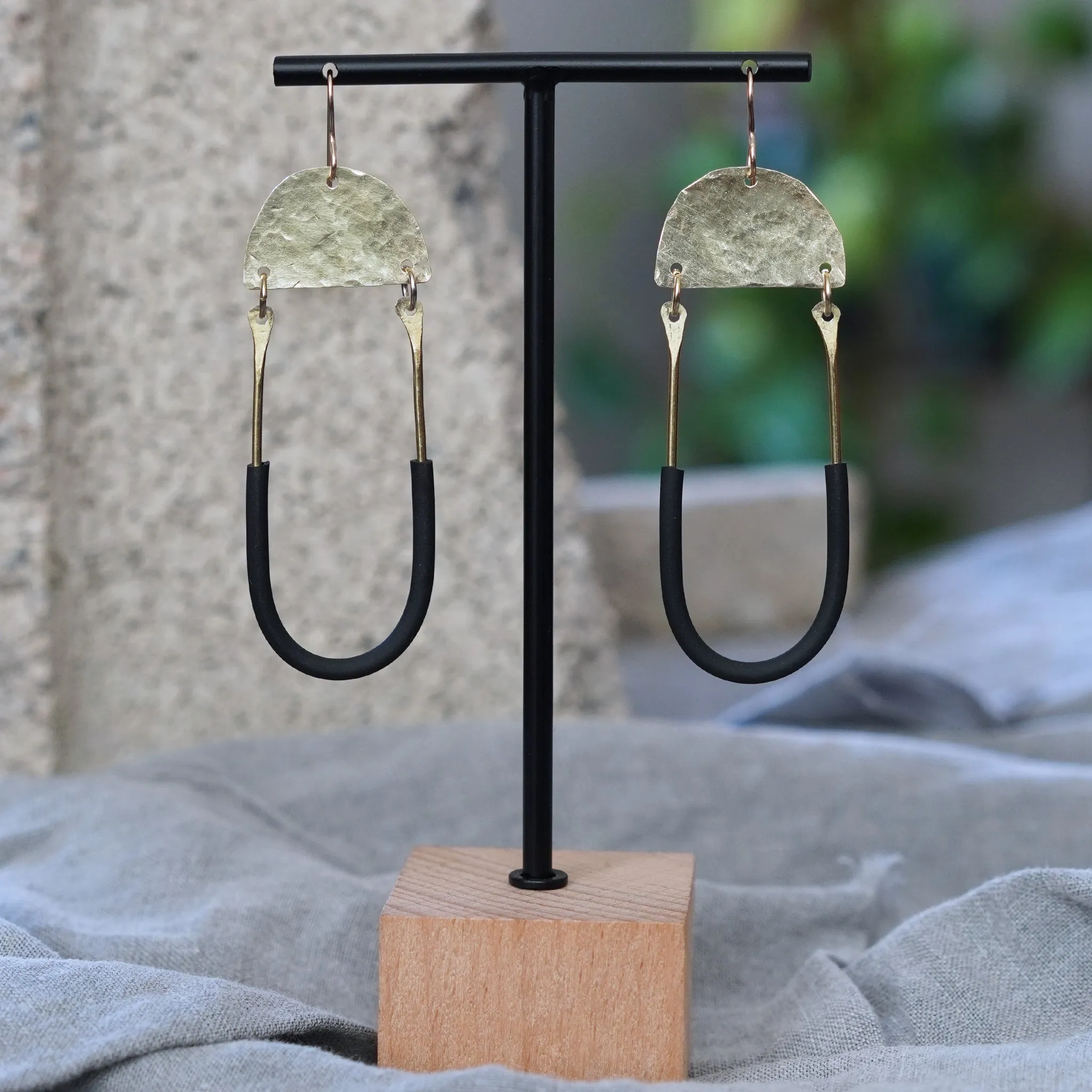Hammered Brass and Black U Earrings