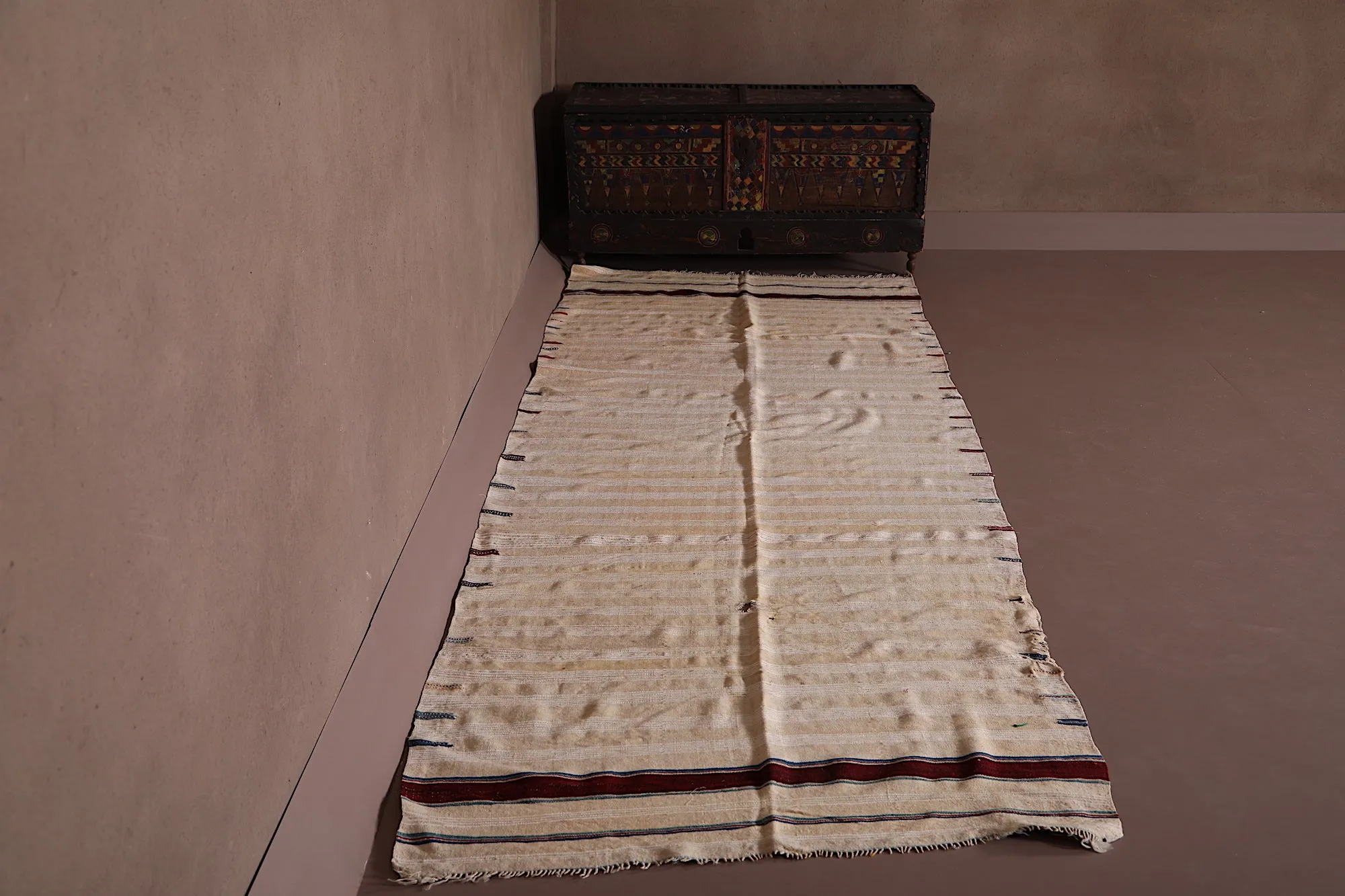 Handwoven Kilim Rug 3.8 FT X 10 FT - Subtle Cream and Stripe Design