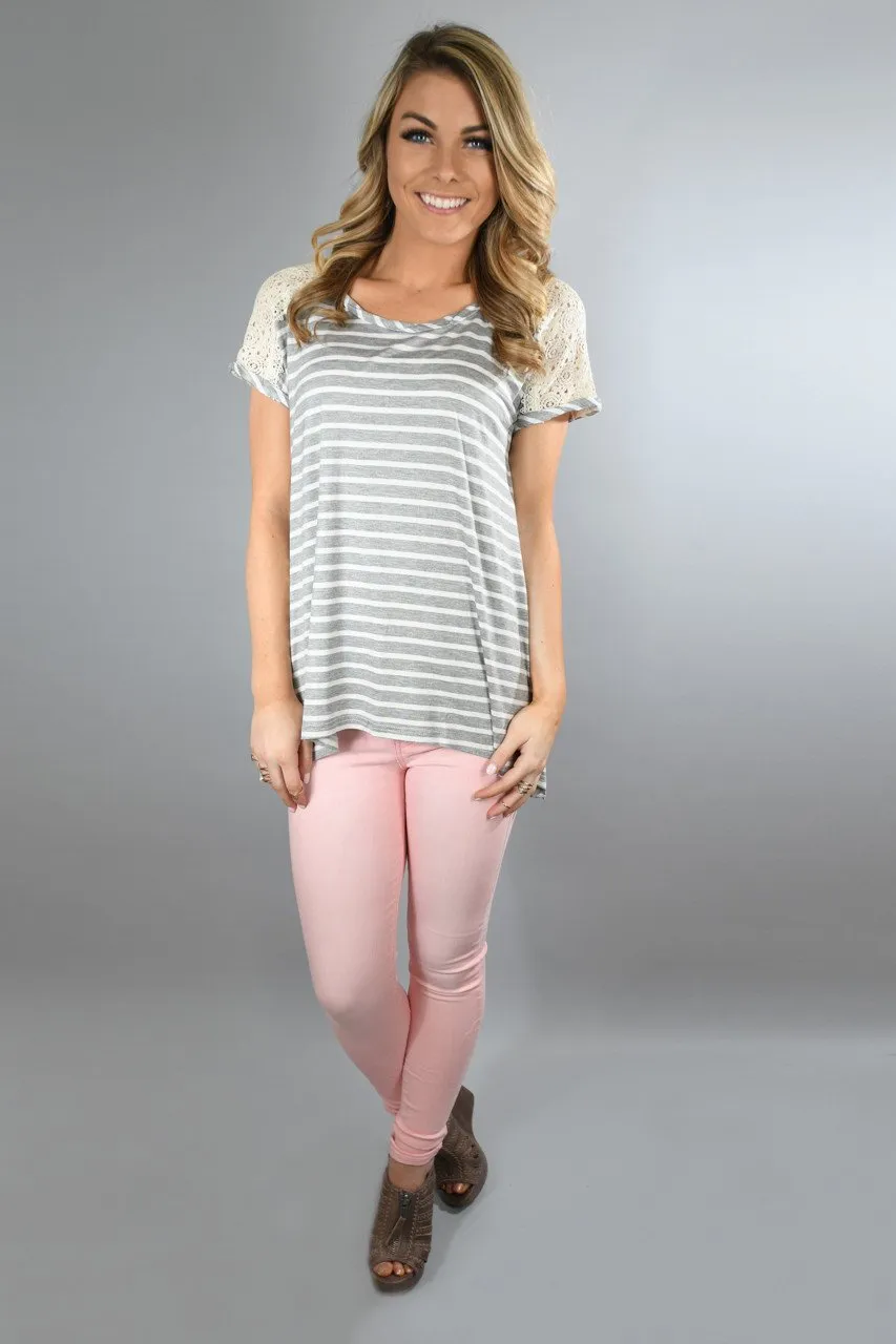 Heather Grey Lace Shoulder Top