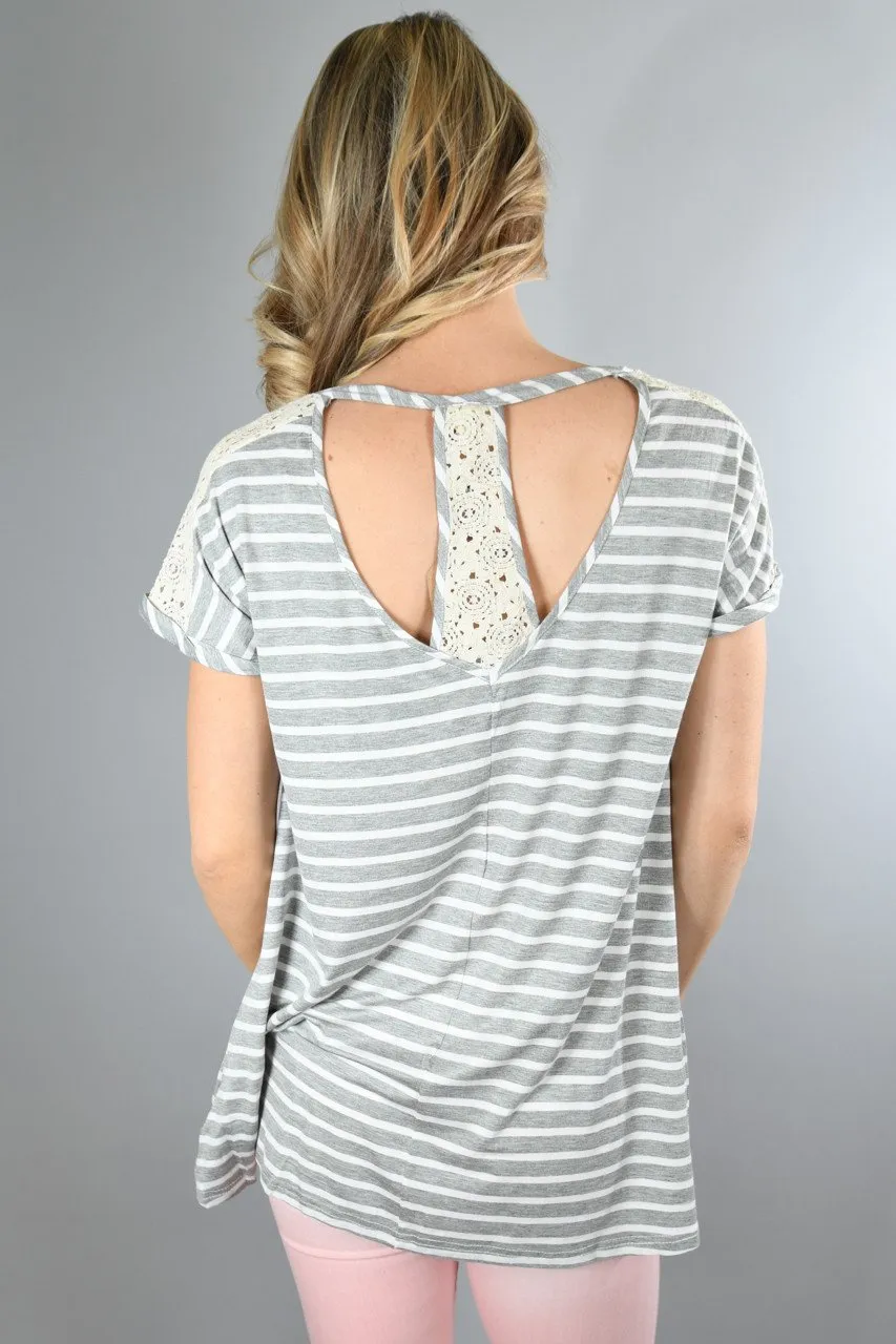 Heather Grey Lace Shoulder Top