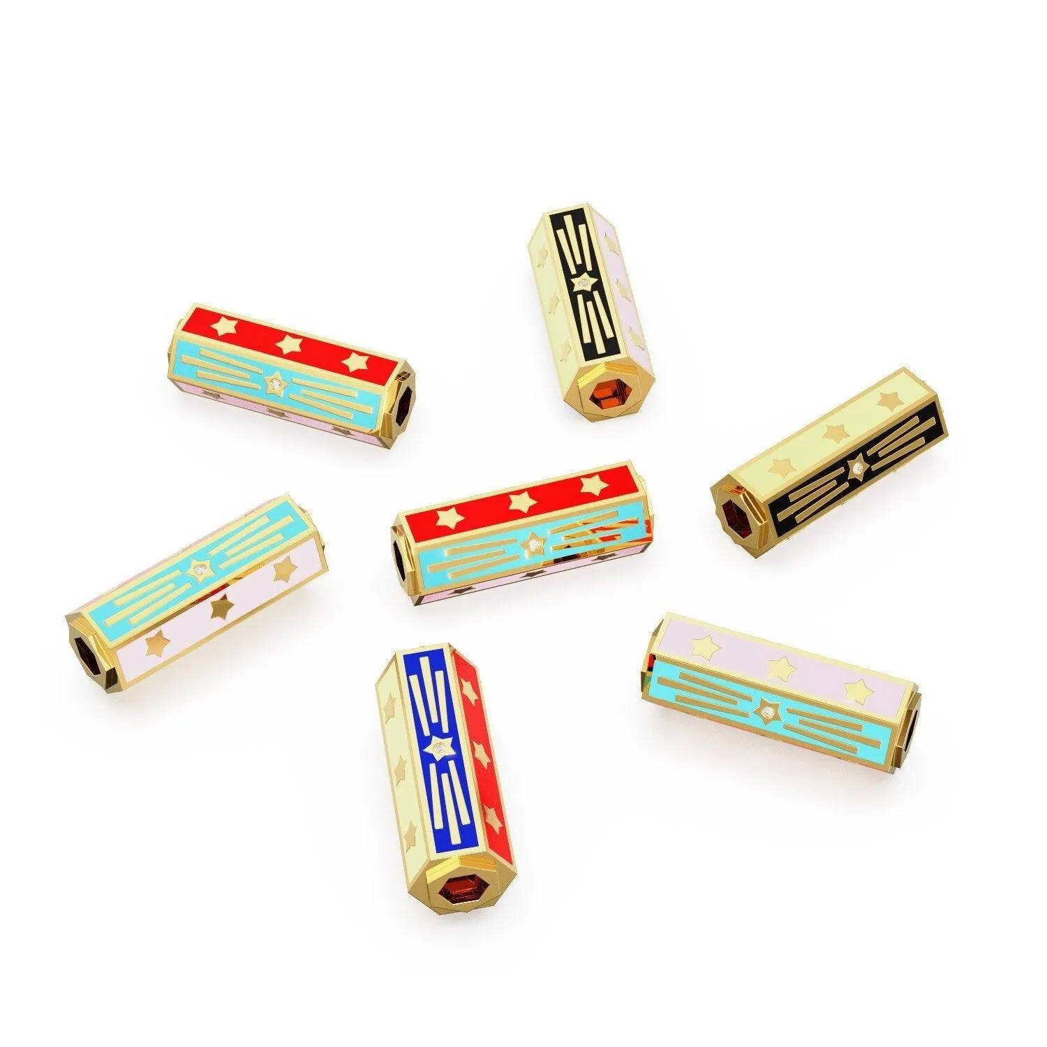 Hexagon Enamel Solid Gold Diamond Beads / Spacer Handmade Star Multicolor 18k Gold Beads