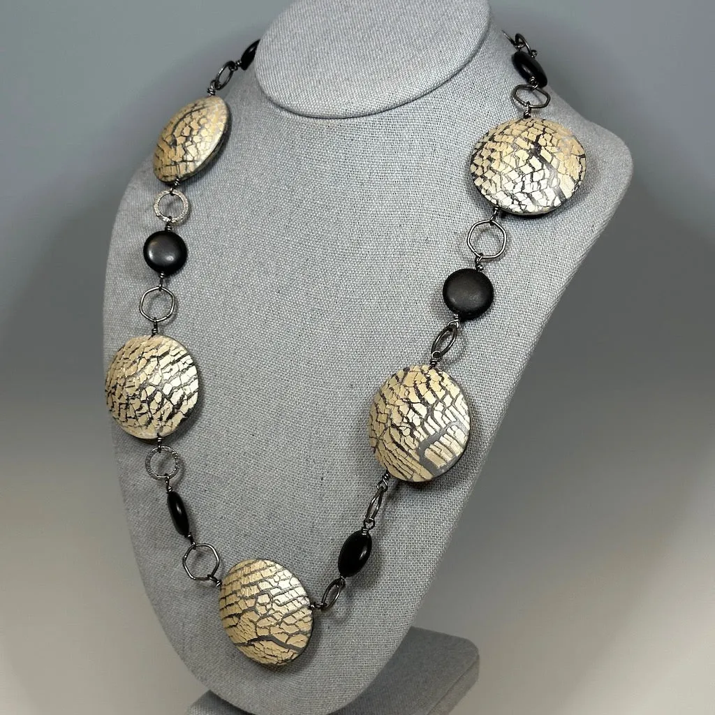 HOLLOW BEAD POLYMER CLAY NECKLACE W/STEEL AND ONYX BEADS PCN689