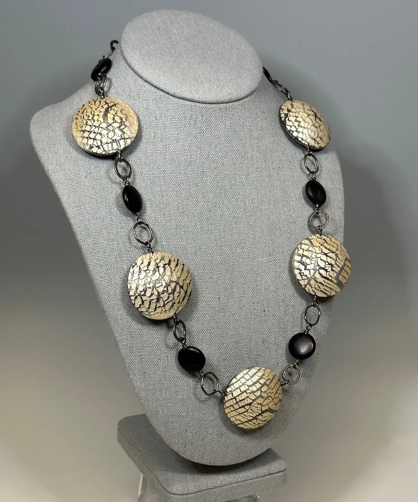 HOLLOW BEAD POLYMER CLAY NECKLACE W/STEEL AND ONYX BEADS PCN689