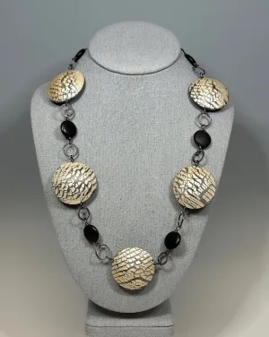 HOLLOW BEAD POLYMER CLAY NECKLACE W/STEEL AND ONYX BEADS PCN689