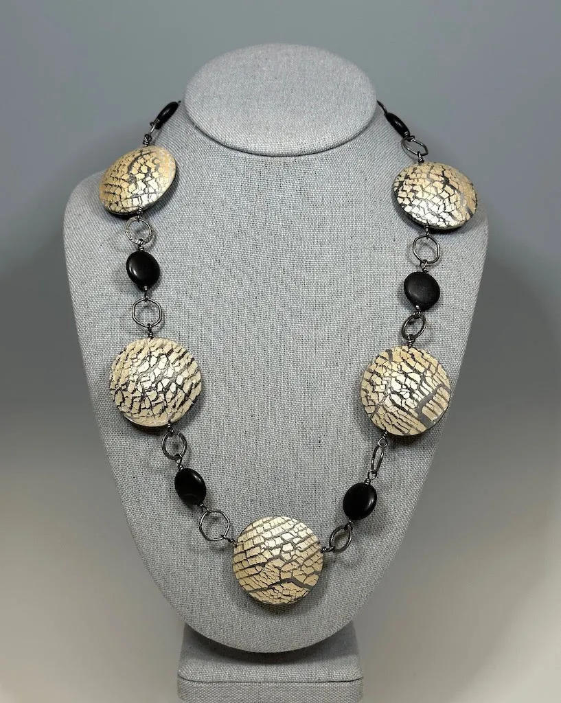 HOLLOW BEAD POLYMER CLAY NECKLACE W/STEEL AND ONYX BEADS PCN689