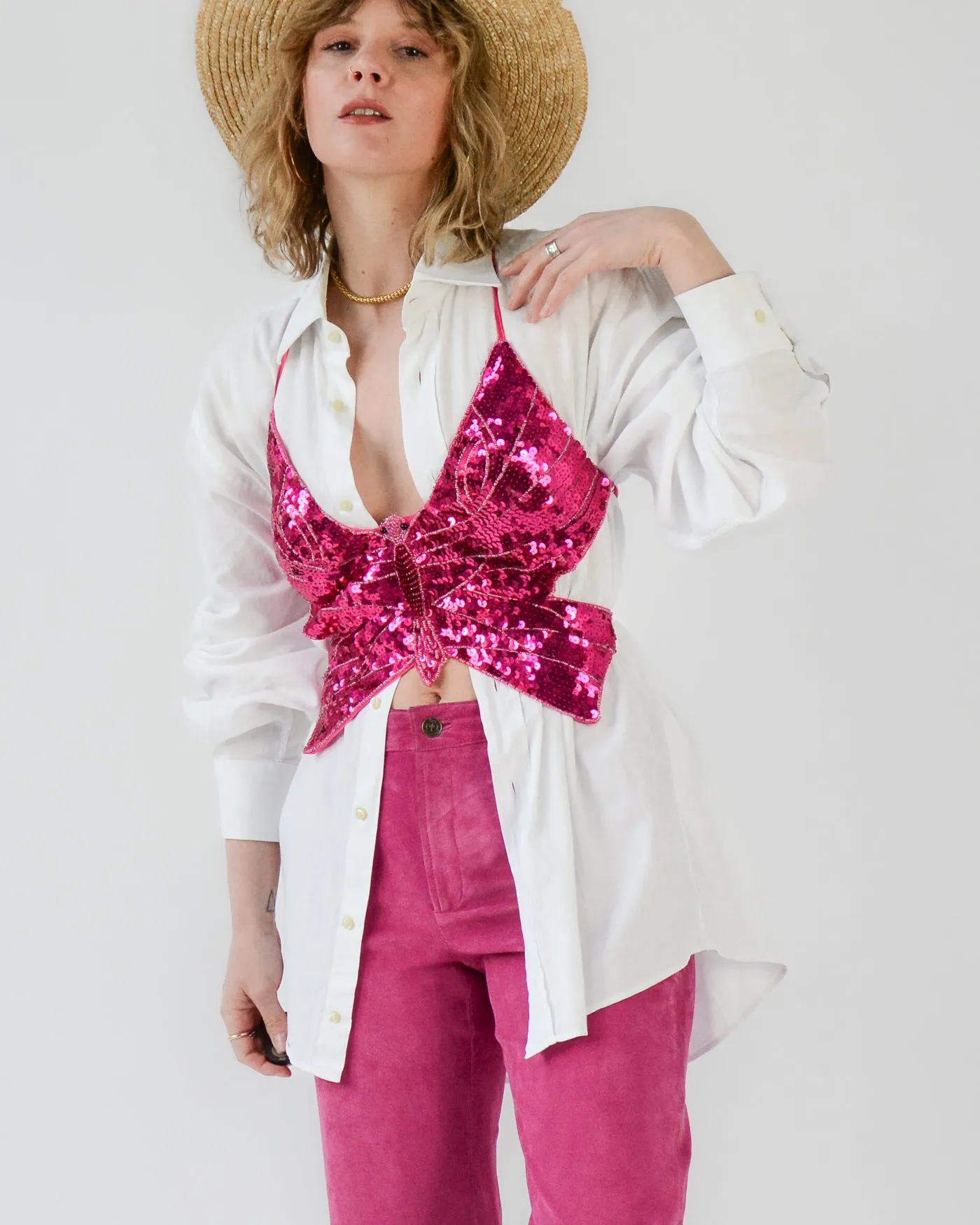 Hot Pink Sequin Laceup Butterfly Top