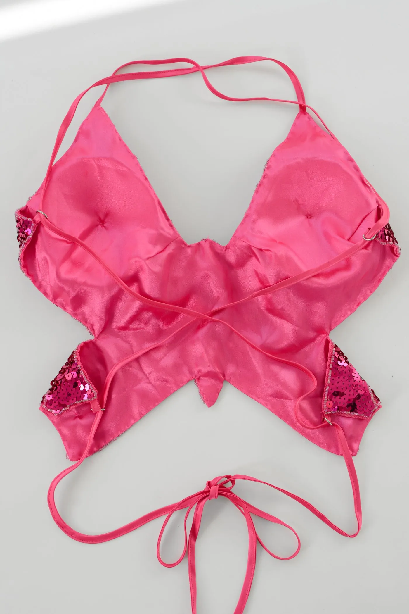 Hot Pink Sequin Laceup Butterfly Top