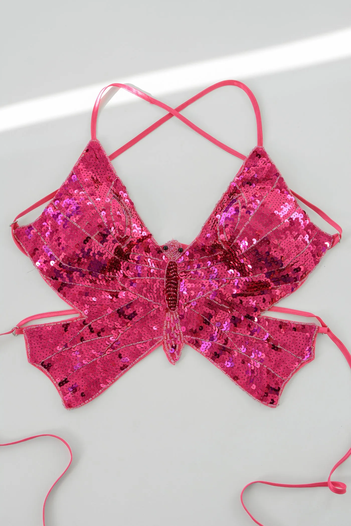 Hot Pink Sequin Laceup Butterfly Top