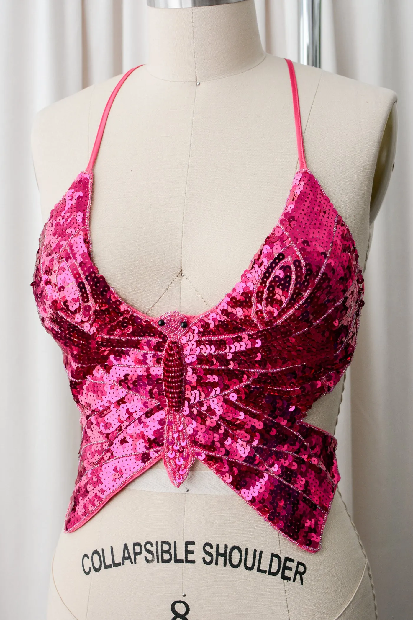 Hot Pink Sequin Laceup Butterfly Top