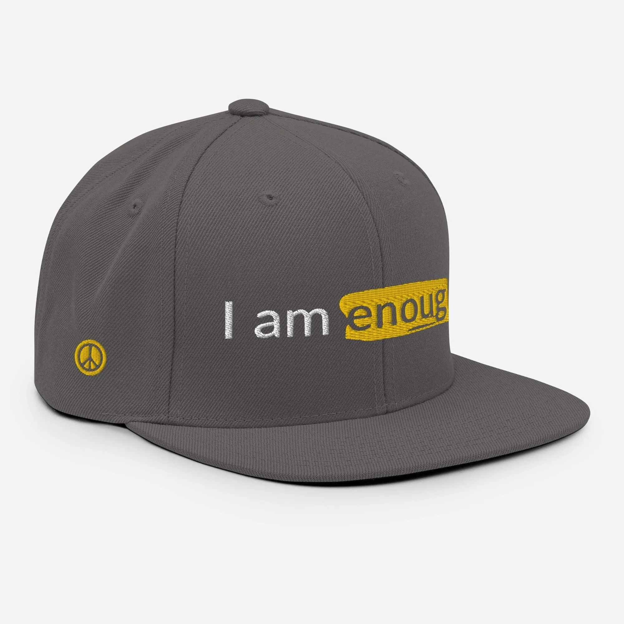I AM ENOUGH ORIGINAL Embroidered Snapback Hat with Peace Sign on Side