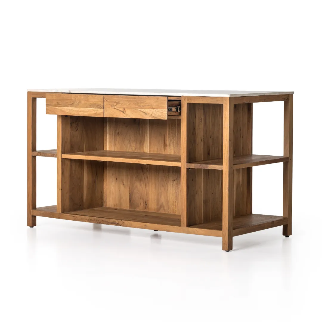 Indira Kitchen Island - Smoked Acacia/White Marble