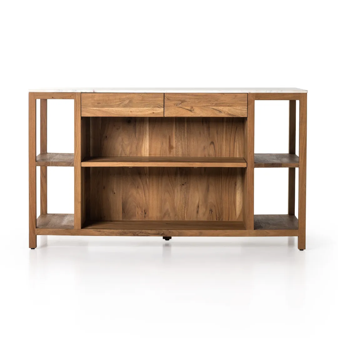 Indira Kitchen Island - Smoked Acacia/White Marble