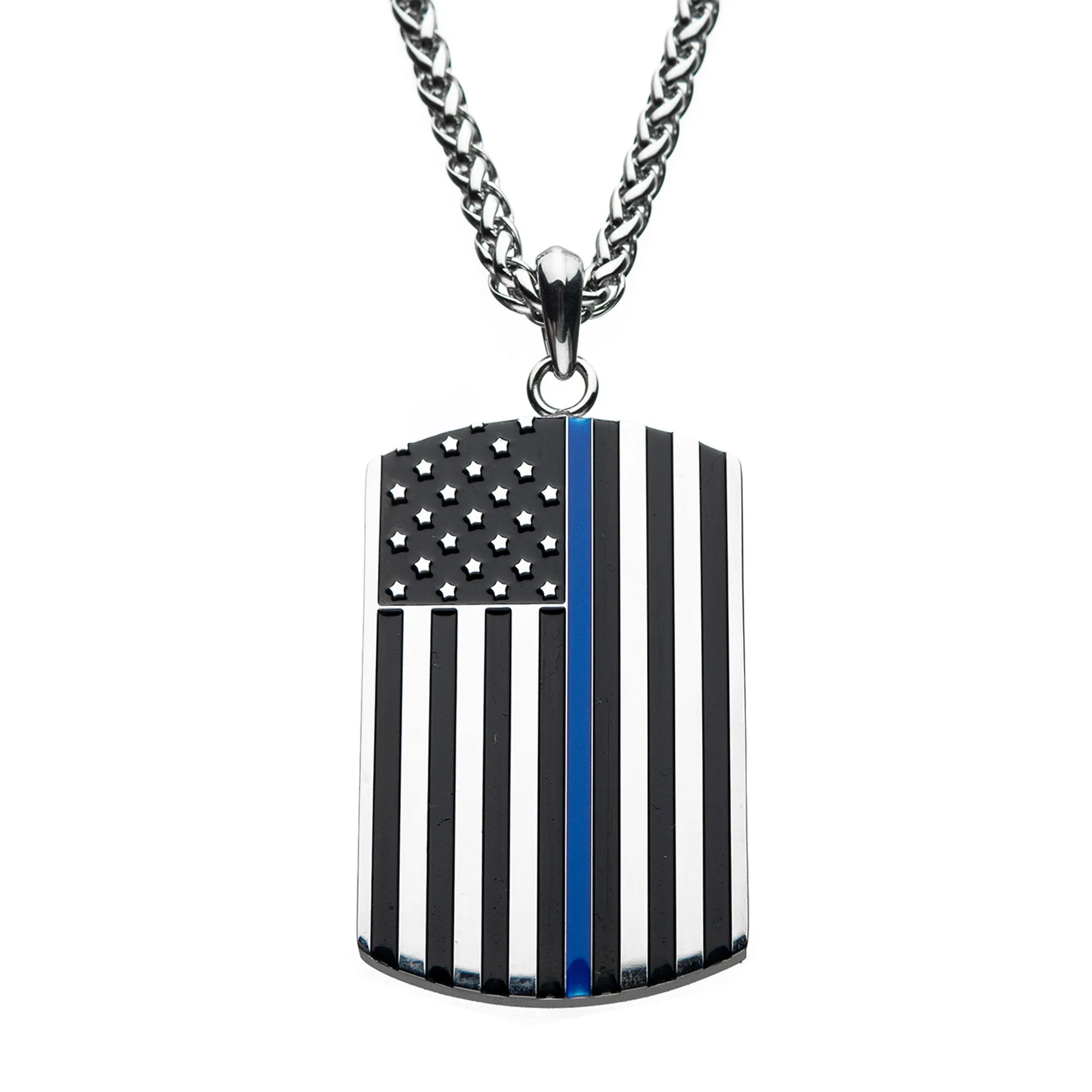 INOX Thin Blue Line American Flag Police Officer Military Style Dog Tag Enamel Pendant