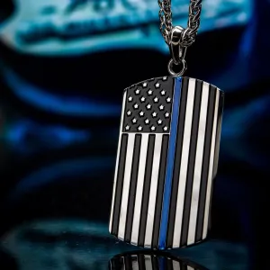 INOX Thin Blue Line American Flag Police Officer Military Style Dog Tag Enamel Pendant