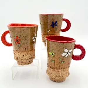 Jackie Sundell - Large Handled Mug - Textured Bottom with Flowers (Peppered Wheat)