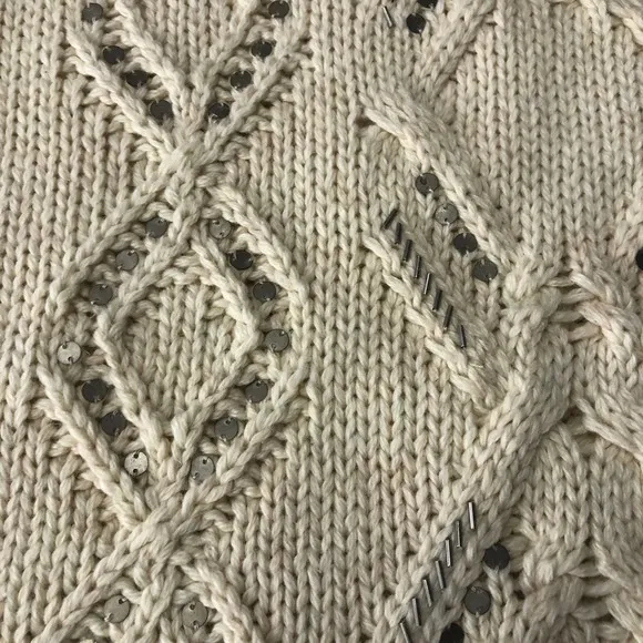 J.Jill Ivory Diamond Knit Sweater Size Medium Silver bead embellishments