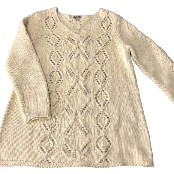 J.Jill Ivory Diamond Knit Sweater Size Medium Silver bead embellishments