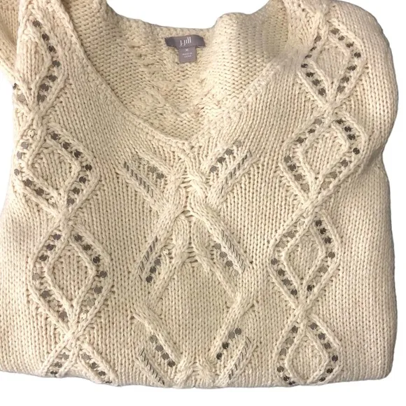 J.Jill Ivory Diamond Knit Sweater Size Medium Silver bead embellishments