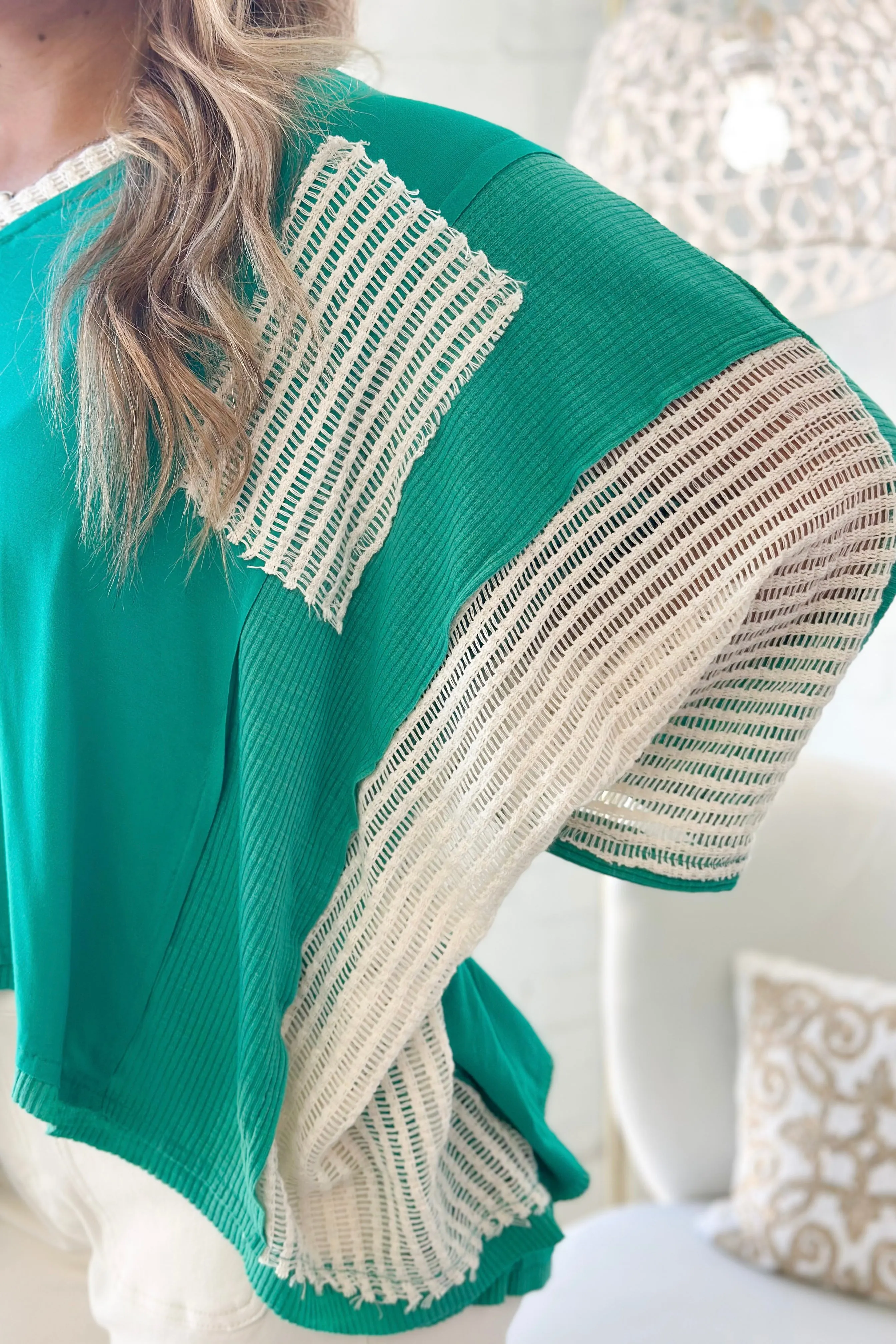 Jungle Green Knit Detail Short Sleeve Top