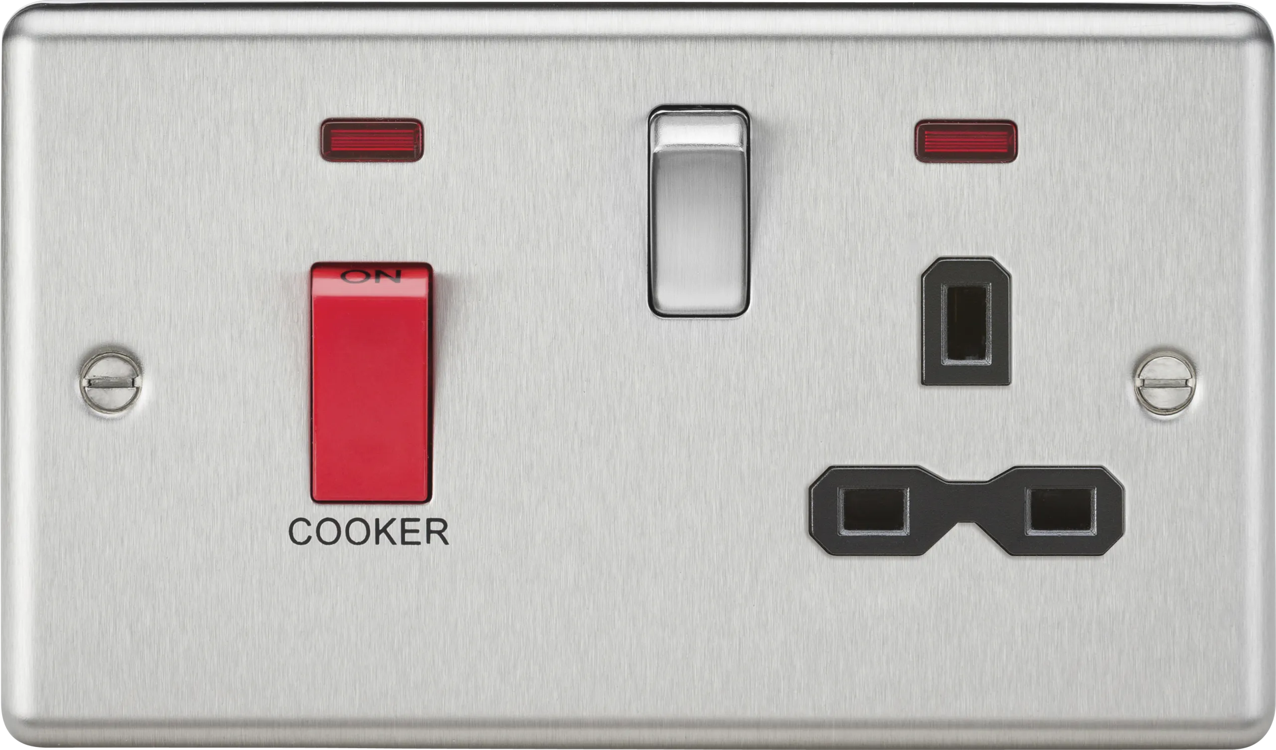Knightsbridge CL83BC Rounded Edge 45A DP Cooker Switch   13A Socket   Neons - Brushed Chrome   Black Insert