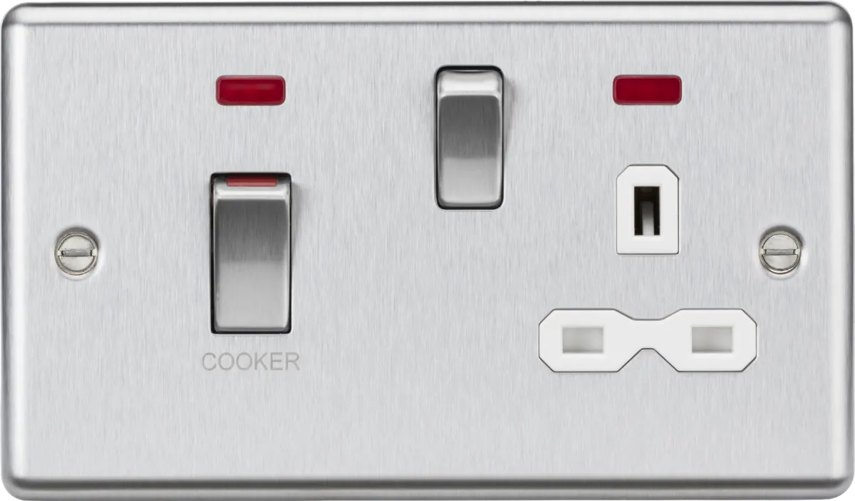 Knightsbridge CL83MNBCW Rounded Edge 45A DP Cooker Switch   13A Switched Socket   Neons - Brushed Chrome   White Insert
