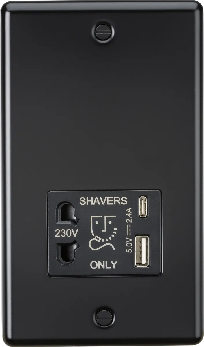 Knightsbridge CL8909MB Rounded Edge Dual Voltage Shaver Socket   2xUSB A C (5V DC 2.4A Shared) - Matt Black