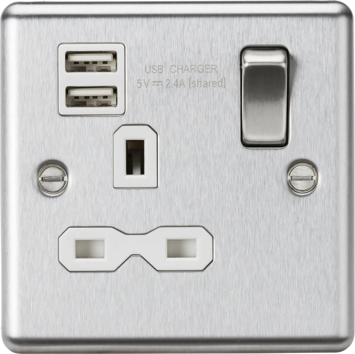 Knightsbridge CL9124BCW Rounded Edge 13A 1G Switched Socket  2xUSB 2.4A - Brushed Chrome   White Insert