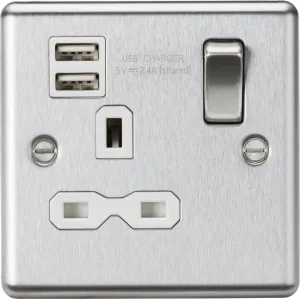 Knightsbridge CL9124BCW Rounded Edge 13A 1G Switched Socket  2xUSB 2.4A - Brushed Chrome   White Insert