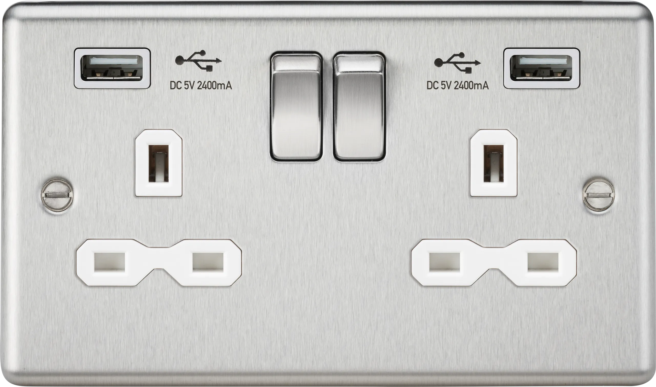 Knightsbridge CL9224BCW Rounded Edge 13A 2G Switch Socket  2xUSB 2.4A - Brushed Chrome   White Insert