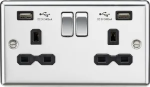 Knightsbridge CL9224PC Rounded Edge 13A 2G Switch Socket  2xUSB 2.4A - Polished Chrome   Black Insert