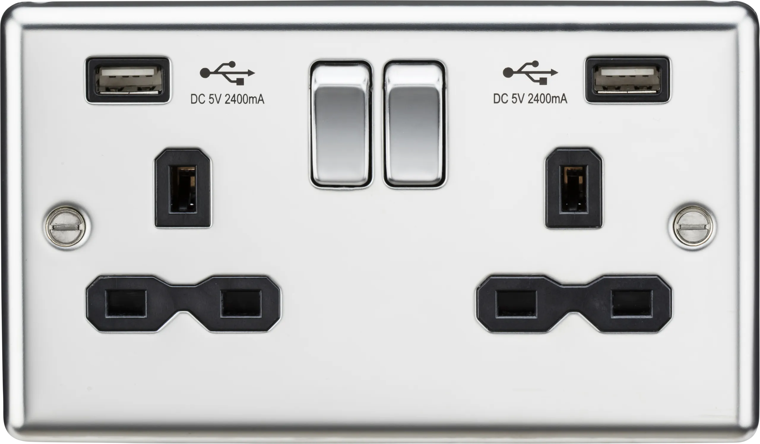 Knightsbridge CL9224PC Rounded Edge 13A 2G Switch Socket  2xUSB 2.4A - Polished Chrome   Black Insert