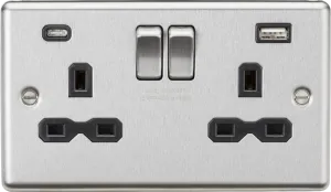 Knightsbridge CL9940BC Rounded Edge 13A 2G SP Switched Socket   2xUSB A C (5V DC 4.0A Shared) - Brushed Chrome   Black Insert