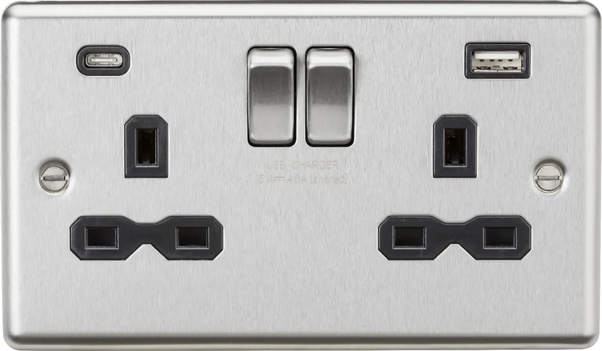Knightsbridge CL9940BC Rounded Edge 13A 2G SP Switched Socket   2xUSB A C (5V DC 4.0A Shared) - Brushed Chrome   Black Insert